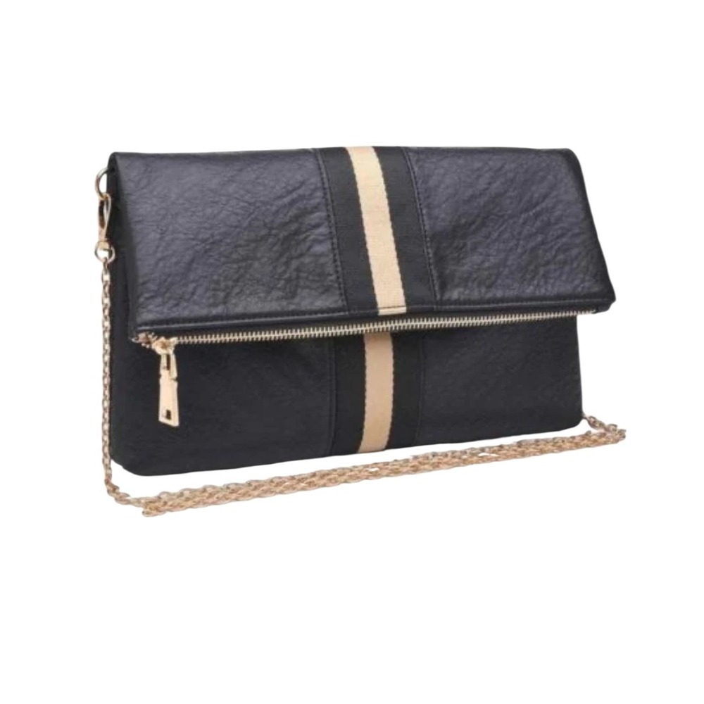 Glitzy Girlz Black Faux Leather Foldover Clutch Purse with Gold Chain Strap‎